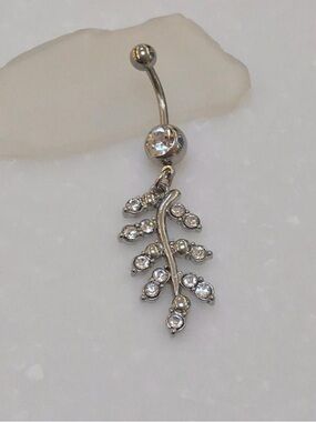 Clear gem vine leaf dangle belly button ring navel ring piercing 14 gauge